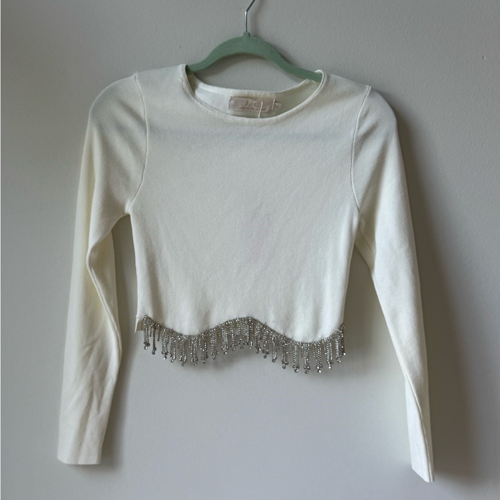 NWT Lizette Collection Ivory Off White Long Sleeve Top Beaded Fringe Size Medium